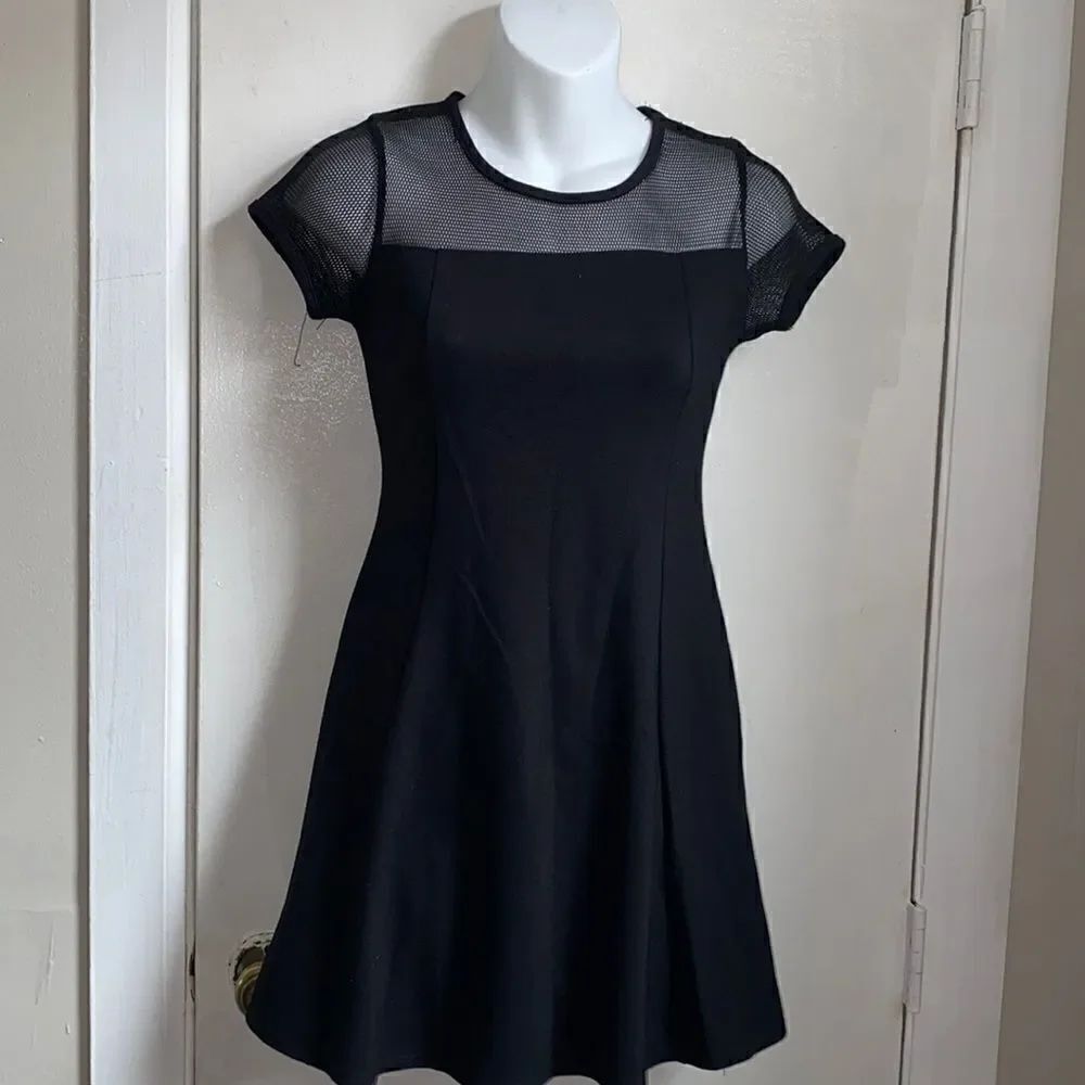 AQUA Black Mesh Yoke Mini Dress-L